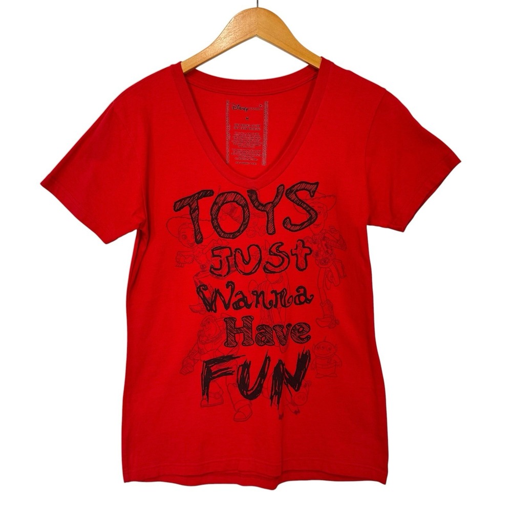 Disney Store Toy Story Womens Medium Red V Neck Graphic Tee Woody Buzz Jessie